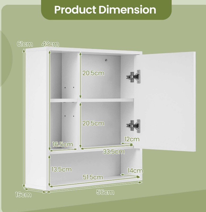 Coast Wandkast met Spiegel en Verstelbare Plank - 56 x 16 x 61 cm