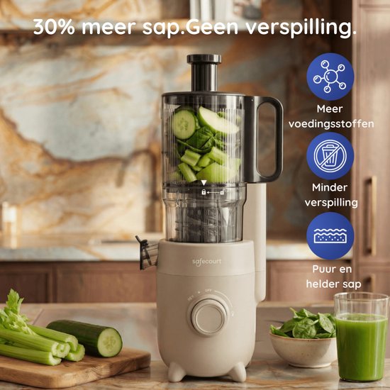 Safecourt Kitchen Slow Juicer - krachtige motor [Pre-cutter & Cold-press technologie] - eenvoudige reiniging - BPA-vrij - sapcentrifuge Beige