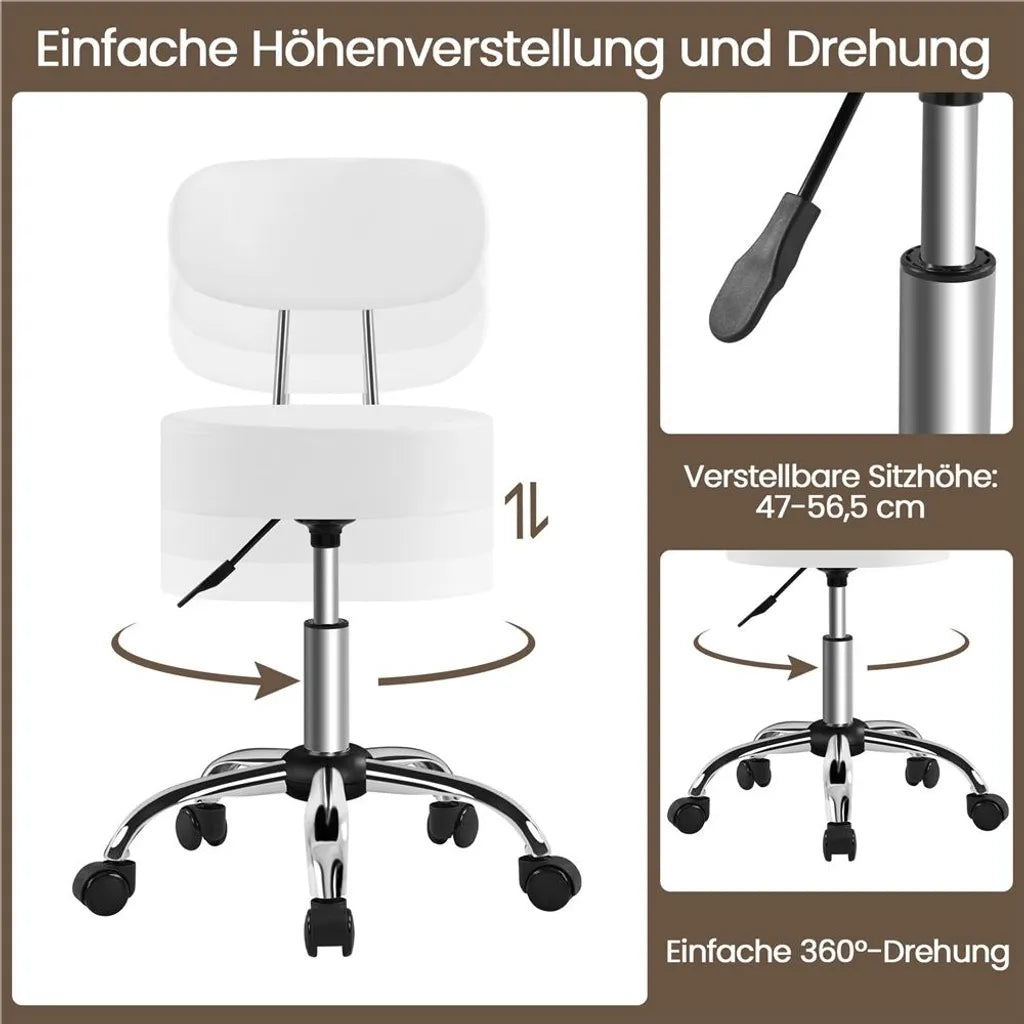 Yaheetech Make-up Kruk met 360° Draaibare Zitting en Wielen - Wit - 52 x 44,5 x 75,5-85 cm