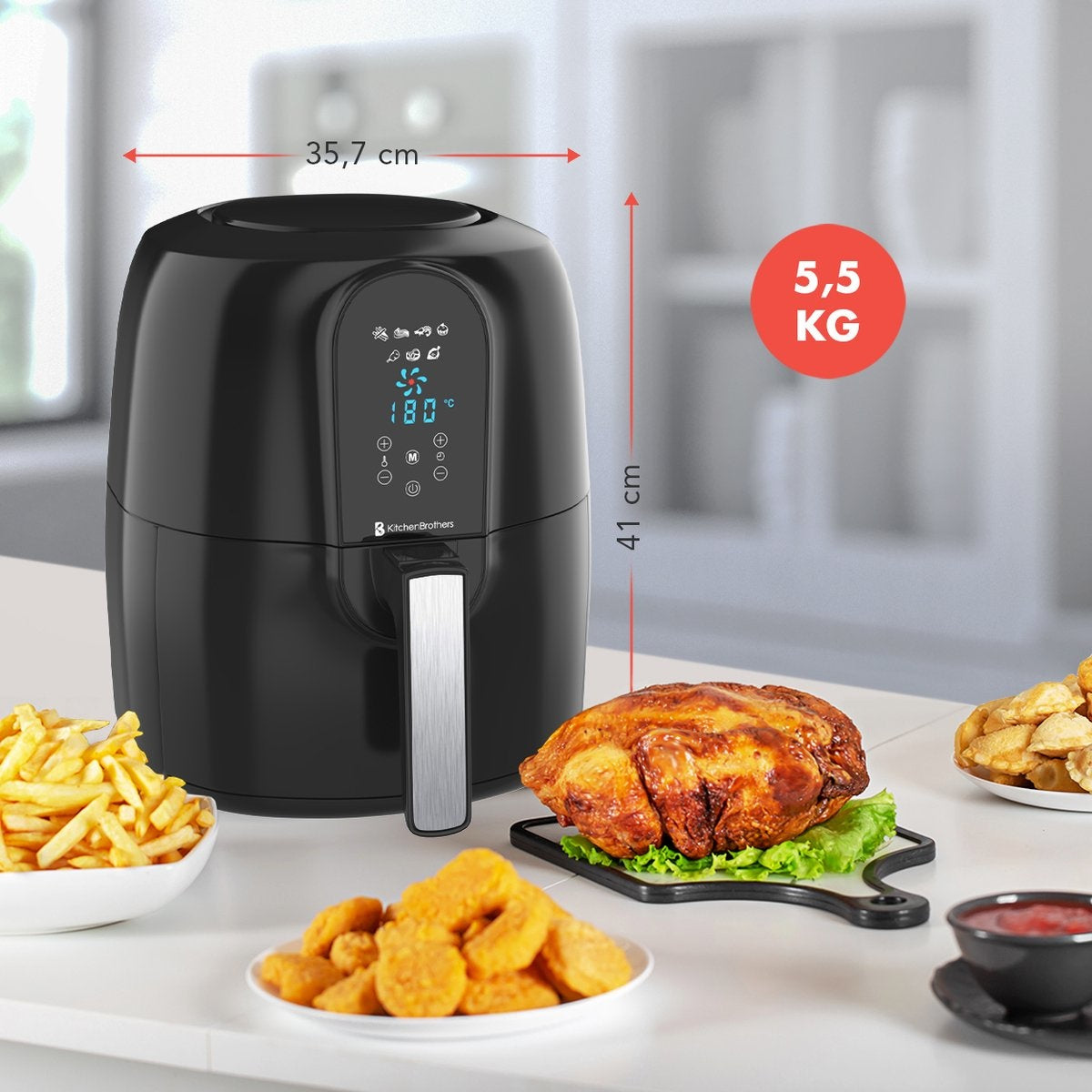 KitchenBrothers Airfryer XXL – 7,2L Inhoud & 7 Voorinstellingen – 1890W – 39 x 33,5 x 36,7 cm – Zwart