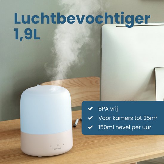 Auronic Luchtbevochtiger - 1,9L - Geschikt voor Slaapkamer, Babykamer, Kantoor, Woonkamer en Meer - Humidifier - BPA-Vrij - Wit