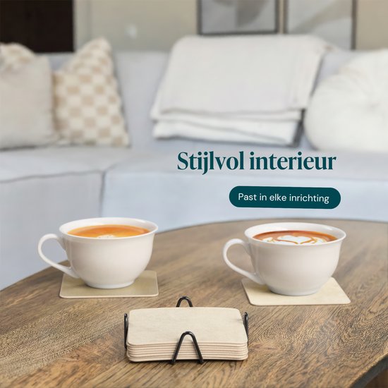Castagnola Kunstlederen Onderzetters – Onderzetters voor Glazen – Design Onderzetters met Houder – Leren Onderzettersset met metalen houder – Leder – Set van 10 - Offwhite - 10x10cm