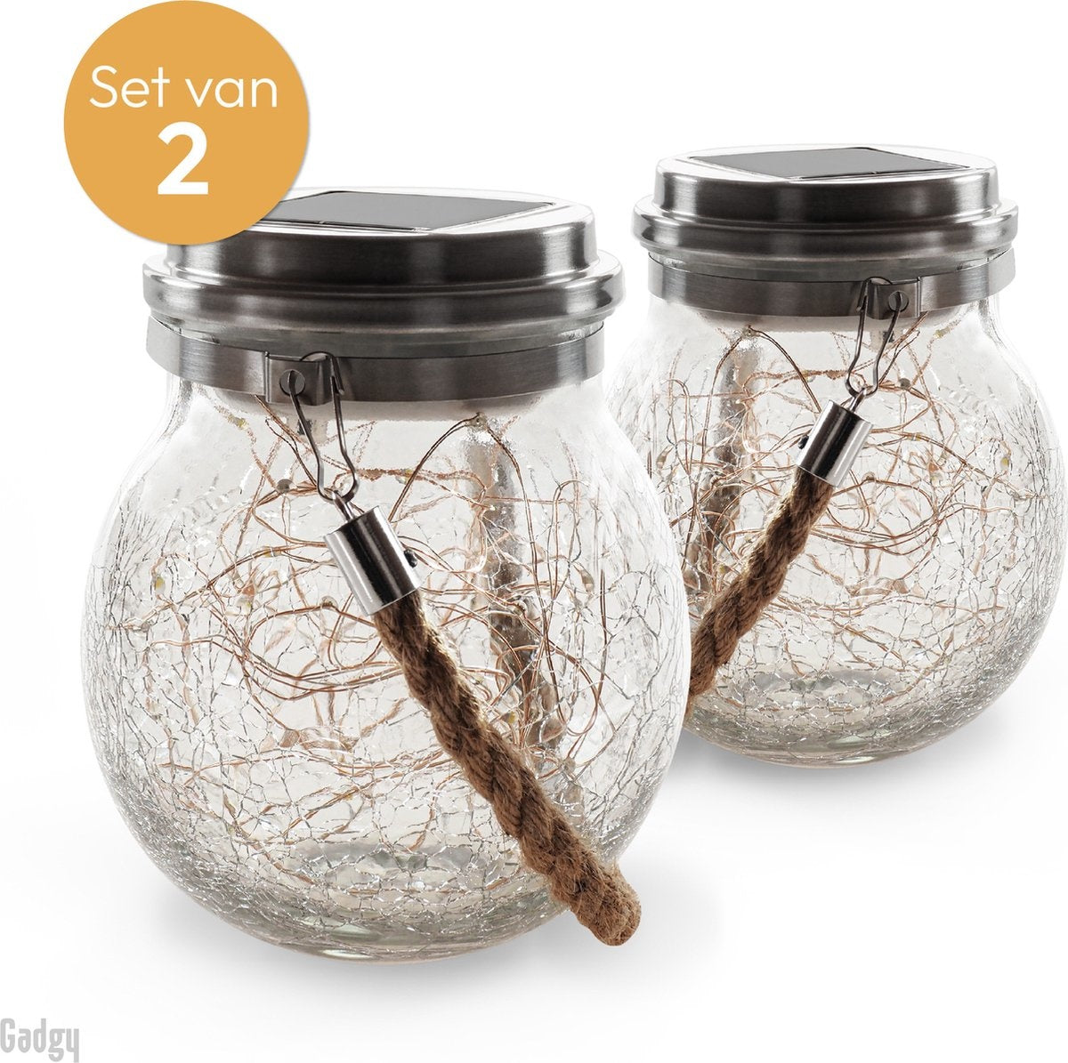 Gadgy Solar Lantaarn Craquelé Glas met 20 fairy lights - Tafellamp Set van 2 - Solar tuinverlichting op zonneenergie - Led buitenverlichting met dag/nacht sensor - Hanglamp - Tuinlantaarn - 13.5 x Ø12CM