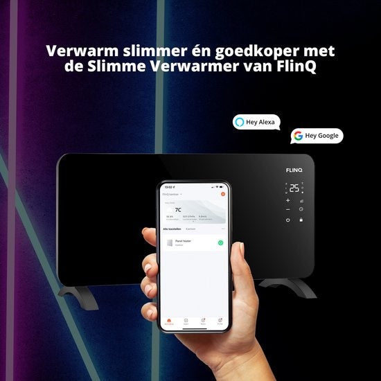 FlinQ Slimme Paneelverwarmer met WiFi - Verwarming elektrisch - Verwarmingspaneel - Elektrische kachel - Convectorkachel - Portable Heater - 2000W - Zwart