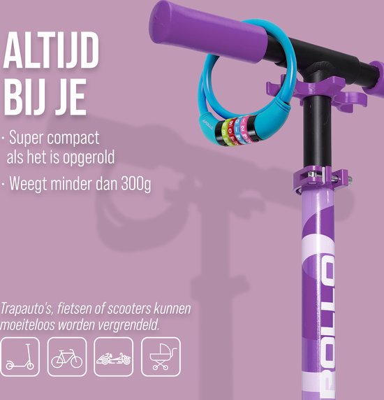 Apollo Kinderfietsenslot - ook voor scooters en loopfietsen - eenvoudig cijferslot voor kinderen, licht en veilig, scooterslot met code, zonder sleutel, ideaal scooter- & fietsaccessoire