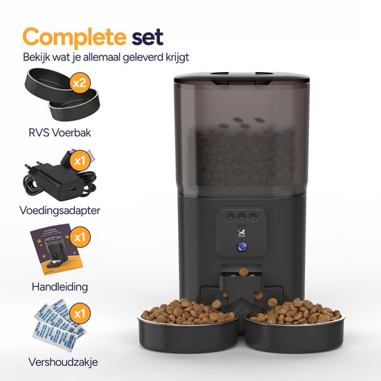 Viervoeter Feed Pro Dual - Automatische Voerbak 7L - HD camera & Audio - Kat en Hond - Voerautomaat met App - Zwart