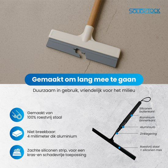 SolidStock Luxe Vloertrekker RVS - Vloerwisser met Steel - Verstelbaar in Lengte 38.5 tot 129 CM - Trekker Douche en Badkamer Vloer - Uitschuifbare Douchewisser - Zwart