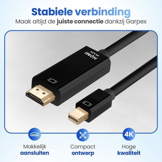 Garpex® Mini DisplayPort naar HDMI Kabel - Mini DP naar HDMI Kabel - HDMI Kabel - 4K 30Hz Ultra HD - Zwart - 1.8 meter