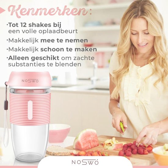 Noswo - Blender To Go - Draagbare Blender - Portable Blender - Mini Blender voor Onderweg - Smoothie Maker - Draadloze Blender - Roze