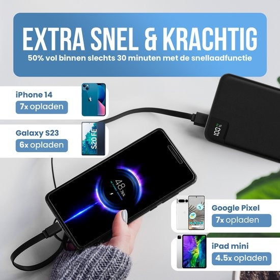 Strex Powerbank – 4 Poorten, 27.000 mAh, 22.5W Snelladen – 16 x 7.4 x 2.5 cm – Zwart