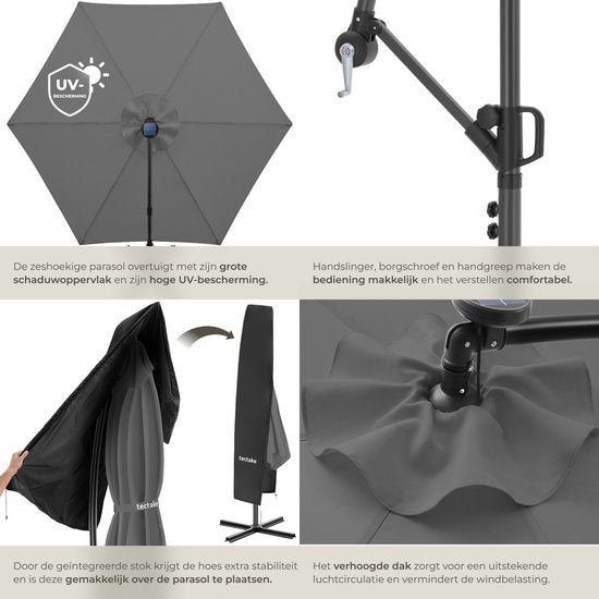 tectake® Zweefparasol met Voet - 3,5 x 3,5 m - Tuinparasol met LED-Verlichting op Zonne-Energie - Draaibaar - Waterafstotend Polyester met UV-Bescherming - Inclusief Hoes - Grijs