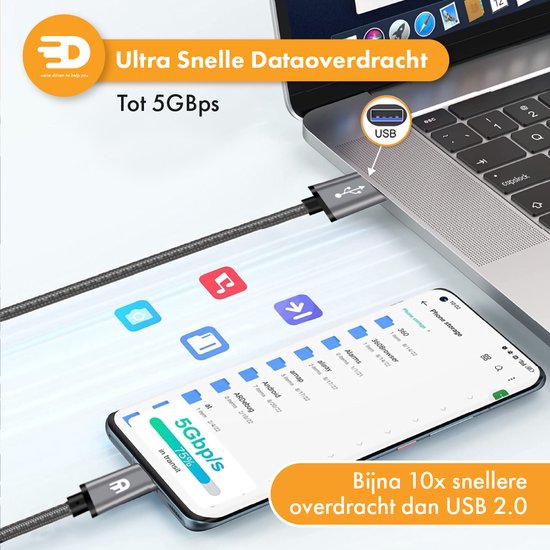 Drivv. USB naar USB C Kabel - Snellader - USB C Data en Oplaadkabel - 3 meter - Geschikt voor Samsung, iPhone 15 & Meer - Space Grey