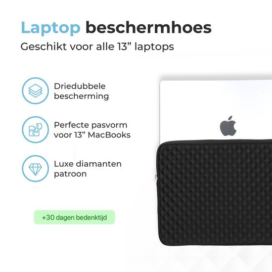 Trendfield Macbook Air Hoes 13.3 - 13.6 Inch Laptop Hoes - Macbook Pro Sleeve - Laptophoes 13 Inch - Diamanten Case - Zwart