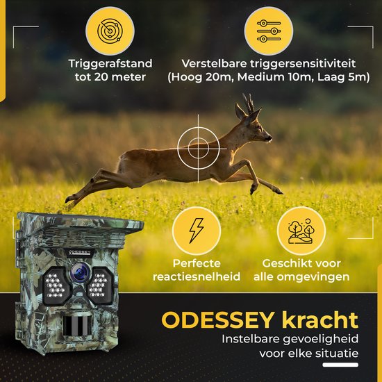 ODESSEY WildCamera met Zonnepaneel - 4K - 48MP - 64GB SD - met Nachtzicht - voor Buiten - Infrarood