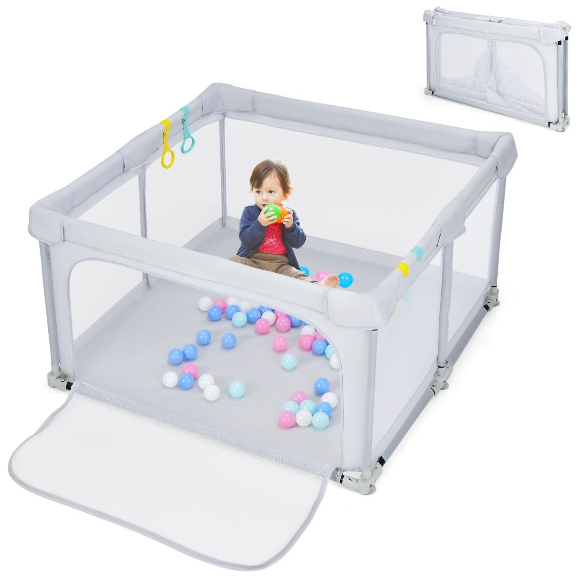 Coast Opvouwbare Babybox 124x124x70 cm Grijs met 50 Oceaanballen en 4 Handgrepen – Oxford Stof, Ademend Gaas