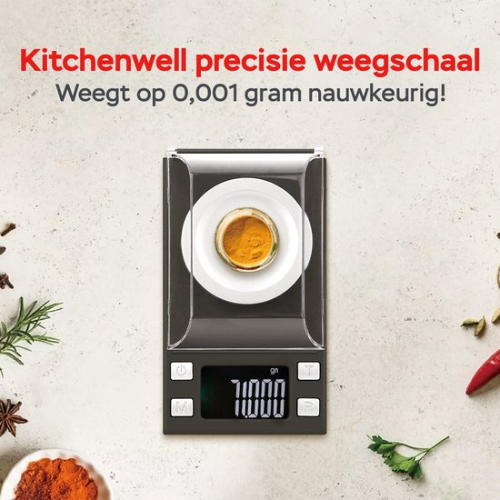 Kitchenwell digitale mini precisie keukenweegschaal - 0,001 tot 100 gram - 11.0 x 6.3 cm - pocket scale op batterij - weegschaal keuken