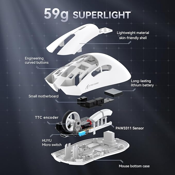 ATTACK SHARK R1 Superlight Gamingmuis 59g – Wit – 12,2 × 6,4 × 3,8 cm – Draadloos & Bedraad – Tot 18.000 DPI – 65 Uur Batterijduur