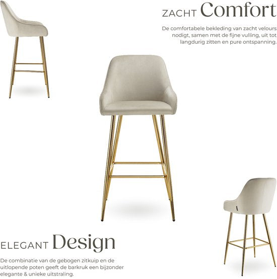 tectake® - Set van 2 Barkrukken Avane - Gestoffeerde Barkruk met rugleuning - Barstoelen - Ergonomische Barstoel met voetensteun - Eetkamerstoel met fluweellook bekleding - Stevige stalen poten met antislip vloerbescherming - Crème/Goud