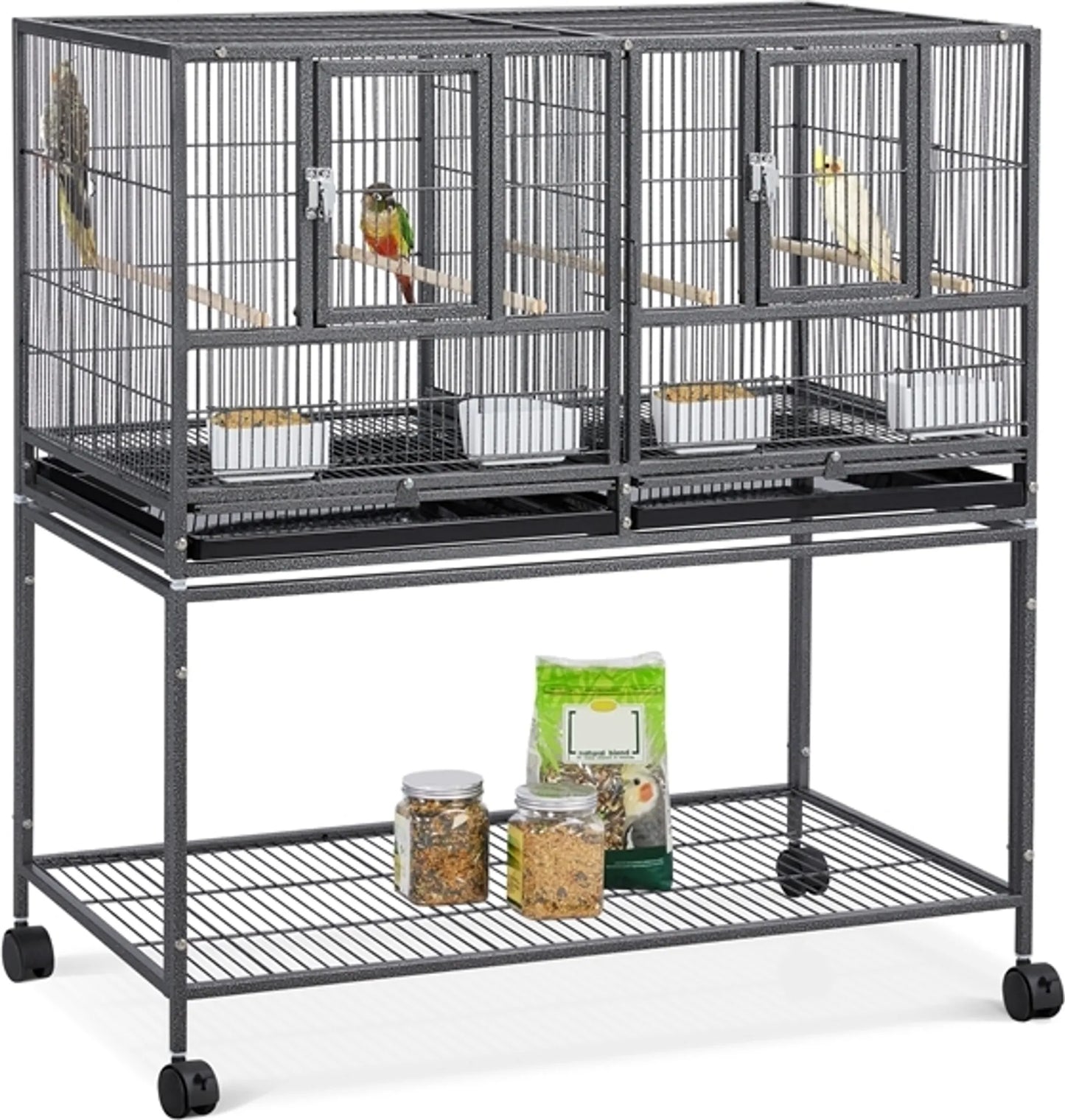 Yaheetech Vogelkooi Met Tussenschot – Voorzien Van Verwijderbare Standaard En Vier Zitstokken En Opbergvak – Voor Kanaries En Parkieten – Zwart Gelakt Metaal En Hout – 95,5 x 45,5 x 105 cm
