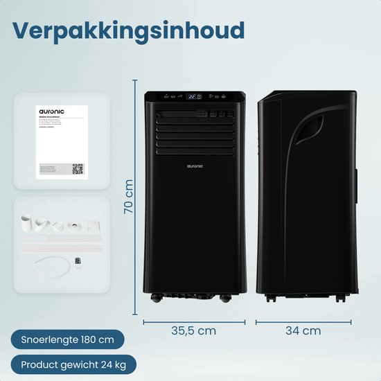 Auronic Mobiele Airco - 10.000 BTU - 4-in-1 - Airconditioning met 2 Raamafdichtingskits - Ventilator - Ontvochtiger - Tot 25m² - Zwart