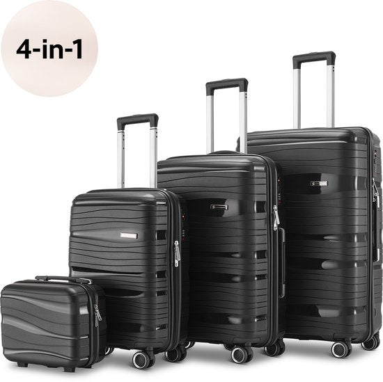 SC Travelin' Charm 4-delige Trolleyset – Handbagage & Check-in Koffers – 32L/60L/98L – Cijferslot – 360° Geruisloze Wielen – Lichtgewicht & Stevig – Modern Design - Zwart V2