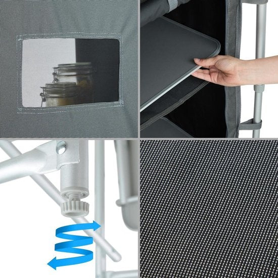 tectake® - Campingkeuken 172x52x104cm - Opvouwbaar - Afsluitbare compartimenten - Stevige werkbladen - Incl. windscherm- grijs