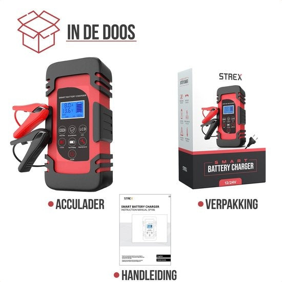 Strex Acculader 12/24V – 4/6/8A, Druppellader & Reparatiemodus – Voor Auto, Motor, Scooter, Boot & Camper