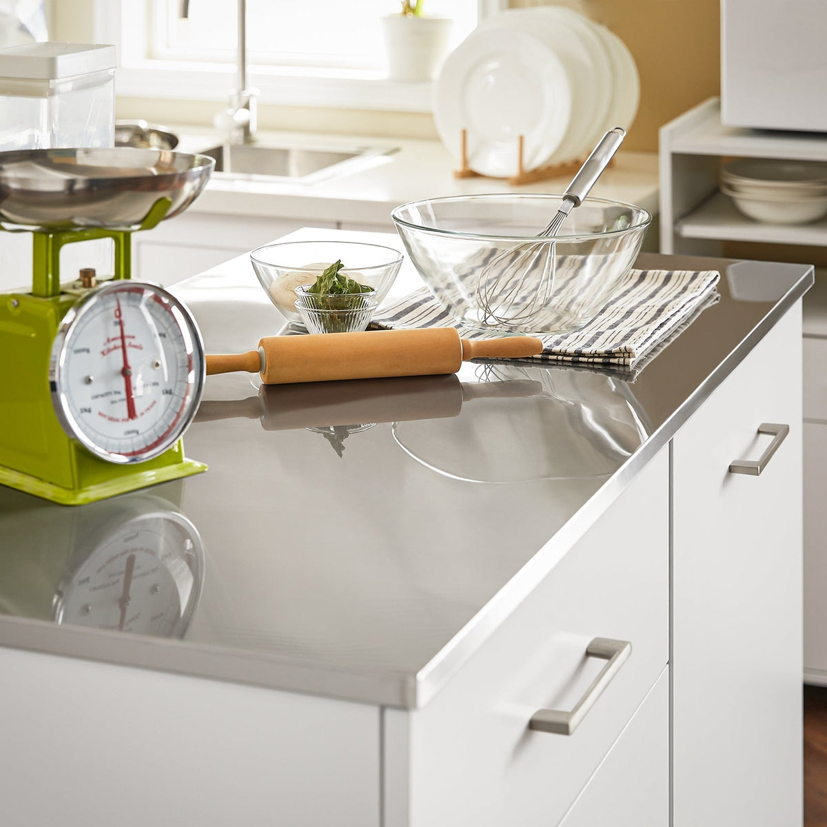 SoBuy Keukenkast op wielen - 2 Kasten en 1 Lade - 120 x 56 x 90 cm - RVS Blad - Wit