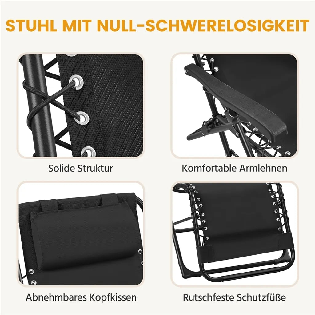 Yaheetech Set van 2 Zero Gravity Ligstoelen - Zwart - Opvouwbare Relaxstoelen met Hoofdkussen en Bekerhouder