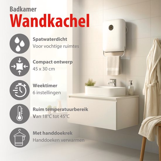 alpina Badkamer Verwarming Elektrisch 750/2000W - Elektrische Kachel 2 Warmtestanden en 24-uurs Timer - Kachel IP22 Spatwaterdicht - met Afstandsbediening - Wandmontage