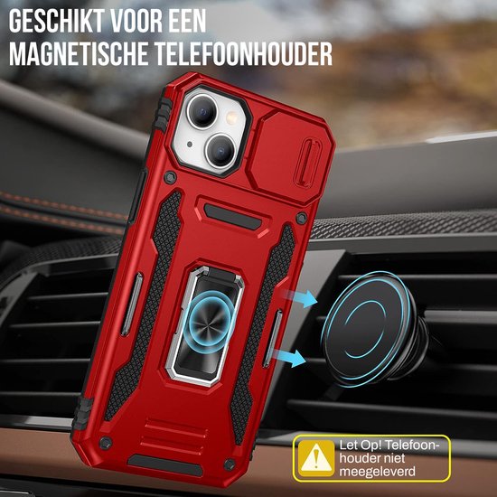 Podec Hoesje geschikt voor iPhone 14 Rood Telefoonhoesje - Anti-Shock Case Cover Hybrid Armor Hoes met Kickstand Ring met Screenprotector