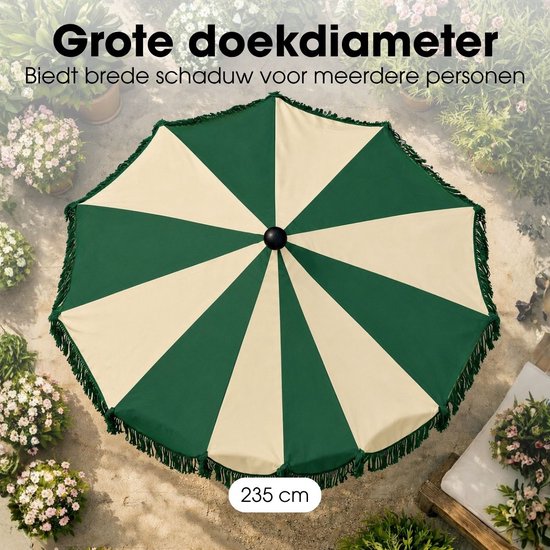 Mica Decorations Kim Gestreepte Parasol met Draagtas - Stokparasol 238 x Ø235 cm - Tuin of Balkonparasol - Polyester, Staal - Donkergroen