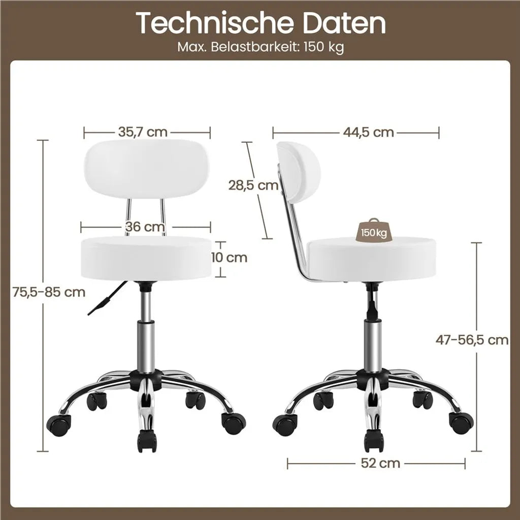 Yaheetech Make-up Kruk met 360° Draaibare Zitting en Wielen - Wit - 52 x 44,5 x 75,5-85 cm