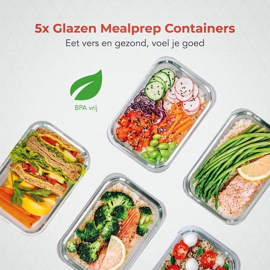 KitchenBrothers Meal Prep Bakjes - Glazen Vershoudbakjes - Luchtdicht - BPA Vrij - 1L - Glas - 5 Stuks