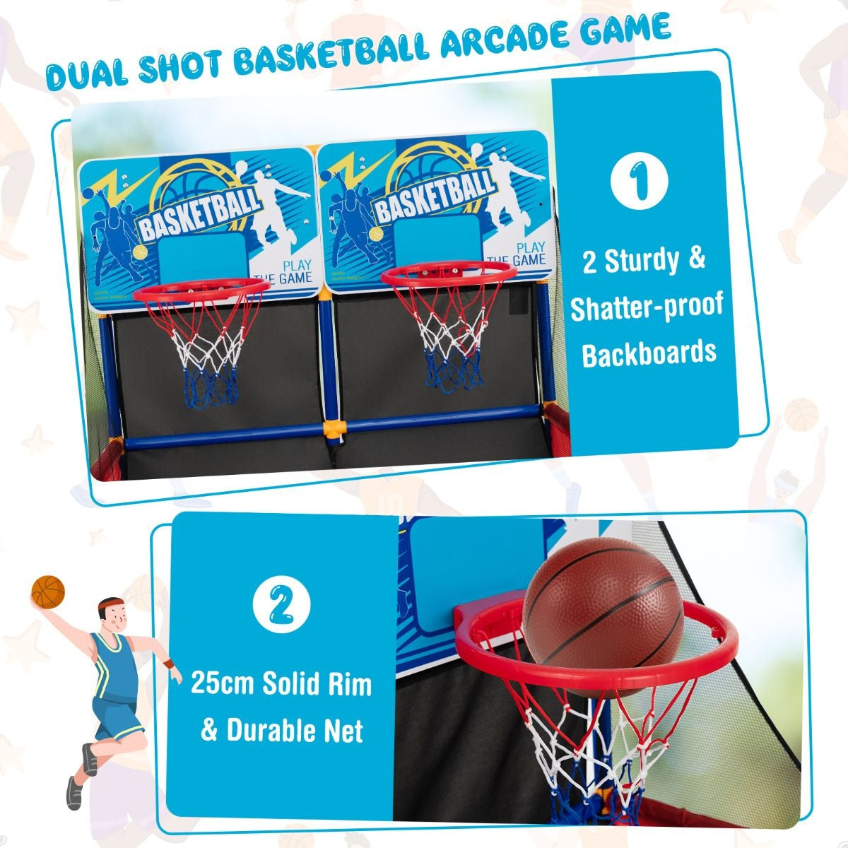 Coast Basketbalspel Arcade - Met 2 Ringen - 4 Basketballen - 90 x 90 x 140cm - Zwart/Blauw/Rood