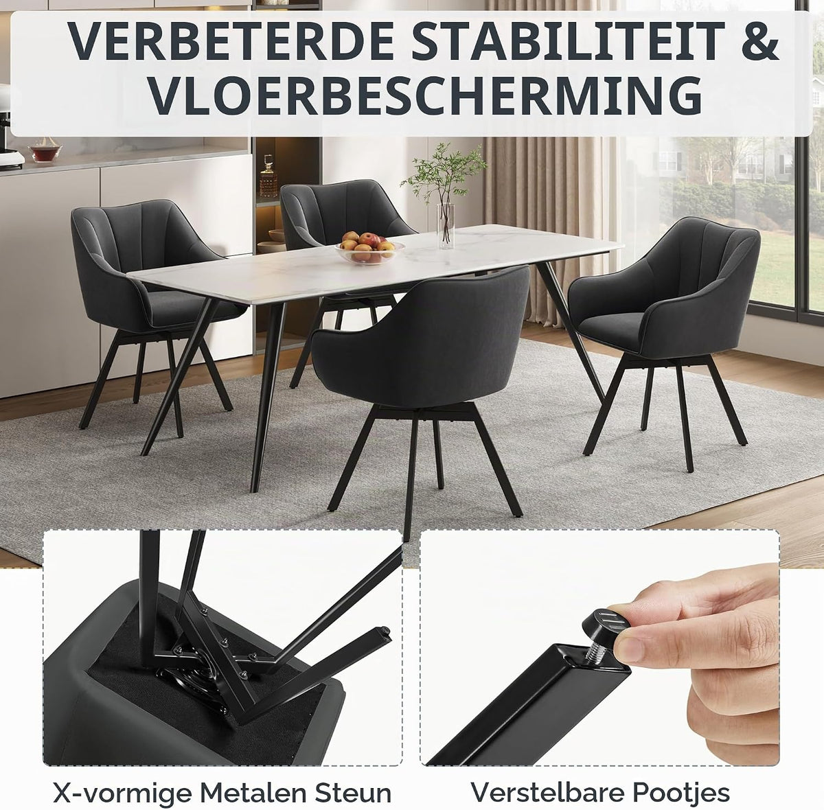 Draaibare Eetkamerstoelen Set van 2 met Armleuningen en Fluwelen Bekleding Donkergrijs