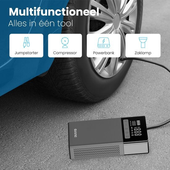 Auronic 12V Jumpstarter – Starthulp voor Auto's - Met Compressor en Bandenpomp – 1500A - 4L Diesel 8L Benzine - Zwart/Grijs