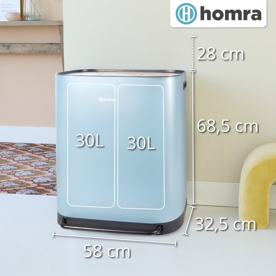 Homra Rockx Prullenbak 60 Liter - Duo Pedaalemmer 2X30L met Geurfilter - RVS Afvalscheidingsprullenbak 2 Vakken - Recycle Afvalbak - Vuilnisbak Keuken - Afvalemmer Afvalscheiding - Dubbele Prullenbakken Blauw