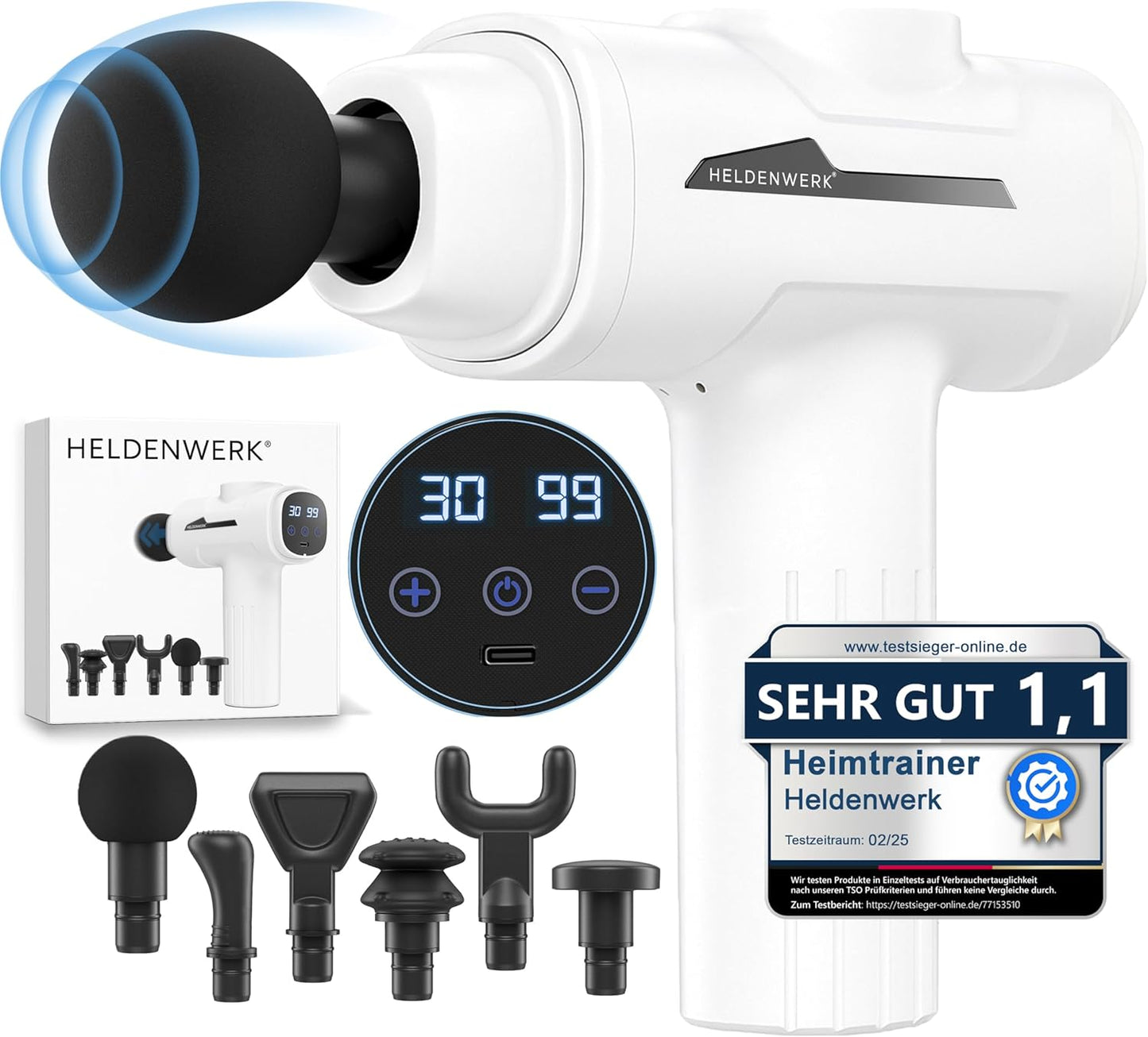 HELDENWERK Active Massagepistool – 30 Snelheden – 6 Massagekoppen – Fluisterstil – USB-C Oplaadbaar – LCD Touchscreen – Inclusief Opbergkoffer - Wit