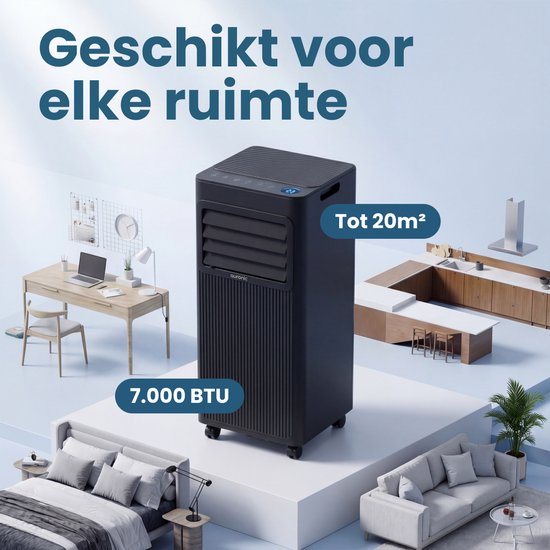 Auronic Mobiele Airco - 7.000 BTU - 3-in-1 - Airconditioning met 2 Raamafdichtingskits - Ventilator - Ontvochtiger - Tot 20m² - Zwart