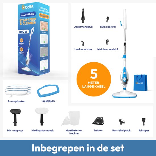 BOLLIT Hoge Druk 2 in 1 Stoomreiniger - Handstomer - 1500W 16 in 1 - Vlekkenreiniger - Voor Alle Vloeren, Bank, Badkamer En Tapijt Reinigen