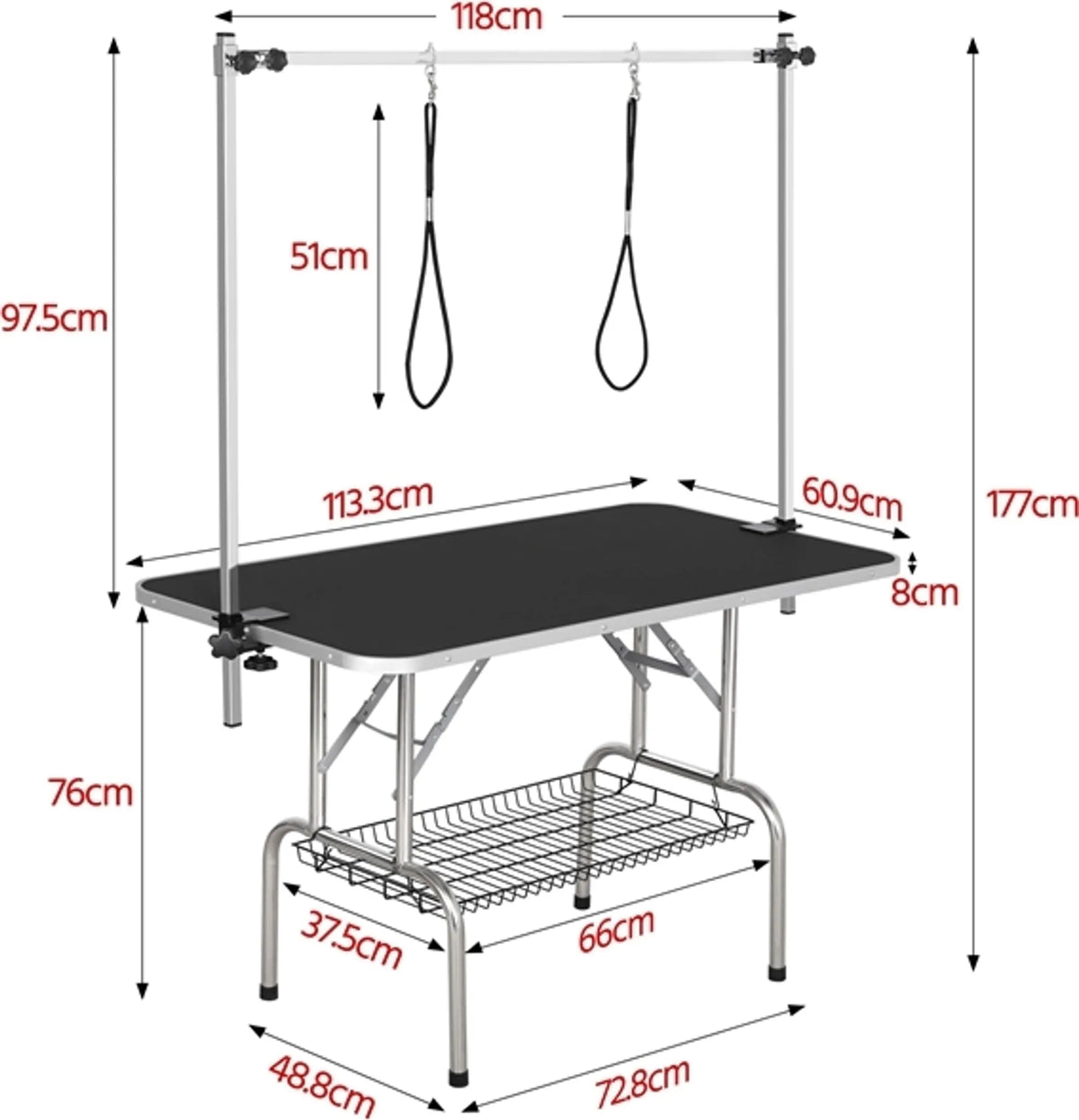 Yaheetech Trimtafel Met Dubbele Trimarmen – Voorzien Van Antislip Tafelblad En Opvouwbaar Frame En Gaasoppervlak Mandje – Voor Grote Honden En Katten – Zwart Metaal Kunstleer En Mdf – 118 x 60,9 x 177 cm