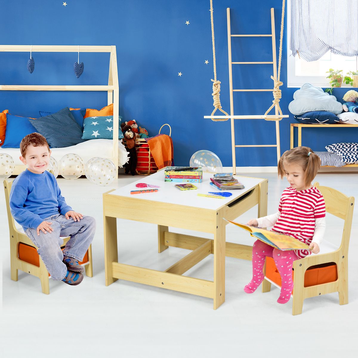 Coast Kindertafel en Stoelenset - met opbergruimte - dubbelzijdig blad - geel