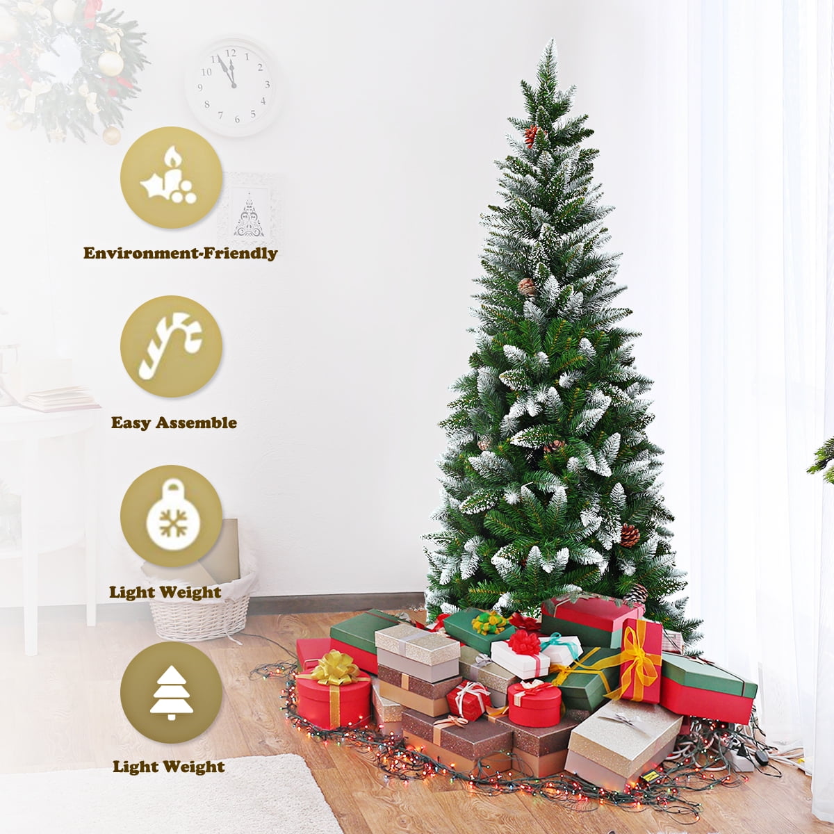 Coast Besneeuwde Slim Kunstkerstboom Groen/Wit – 64 x 183 cm – Met 630 Takpunten en 29 Dennenappels