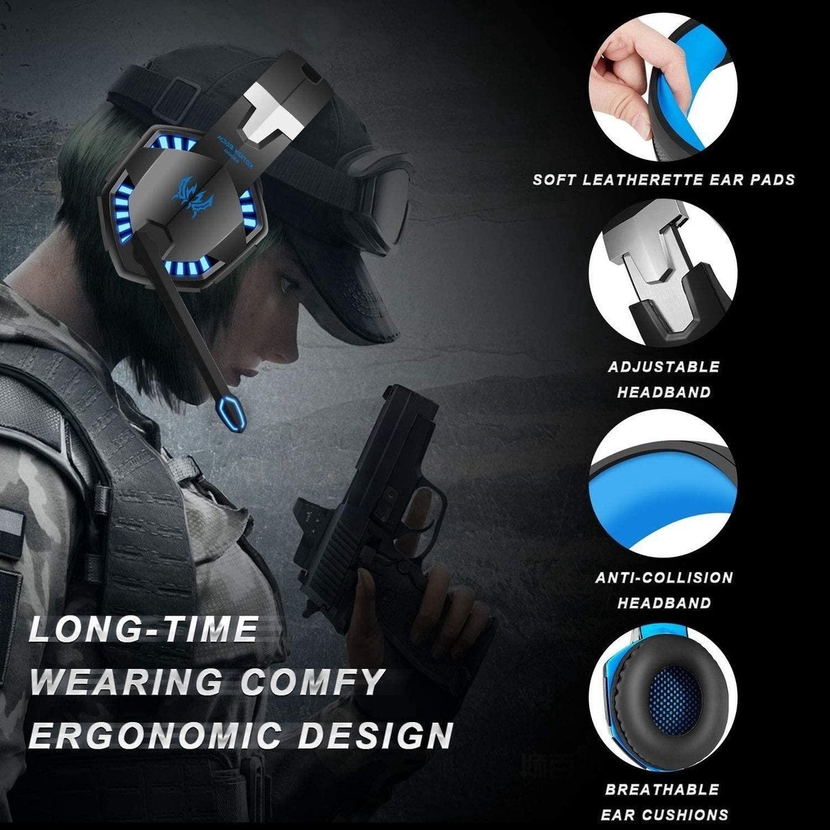 KOTION EACH G2000 Gaming Headset - Zwart/Blauw - Geschikt voor PS5, Xbox Series X, Windows & Switch