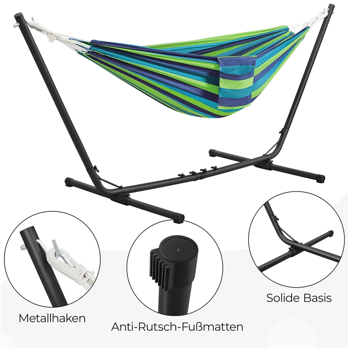 Yaheetech Hangmat met Standaard - Blauw Groen Gestreept - 2-3 Personen, Tot 205 kg