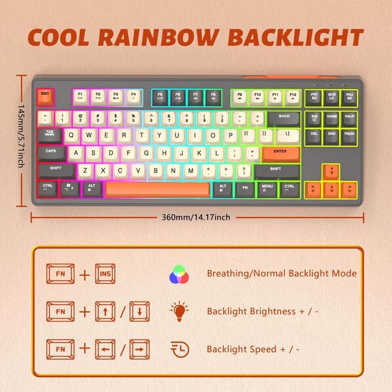 M87 Draadloos RGB Gaming Toetsenbord - 87 toetsen - BT5.0/2.4G - PBT Ball Keycaps - Shimmer