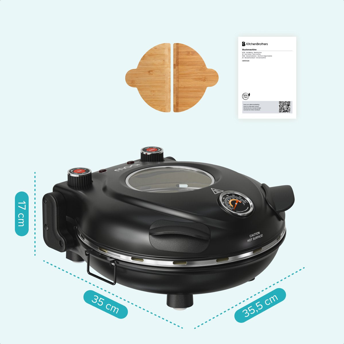 MOA Elektrische Pizzaoven - Tot 400°C - 30,5 cm Pizzasteen - Regelbare Boven- en Onderwarmte - Inclusief 2 Bamboescheppen - Zwart