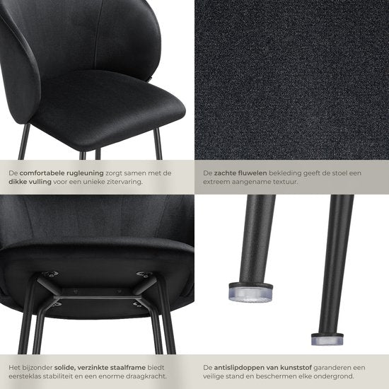 tectake® - Set van 2 Barkrukken Luana - Gestoffeerde Barkruk met rugleuning - Barstoelen - Barstoel met voetensteun - Eetkamerstoel met fluwelen bekleding - Stevige stalen poten met antislip vloerbescherming - Zwart/zwart