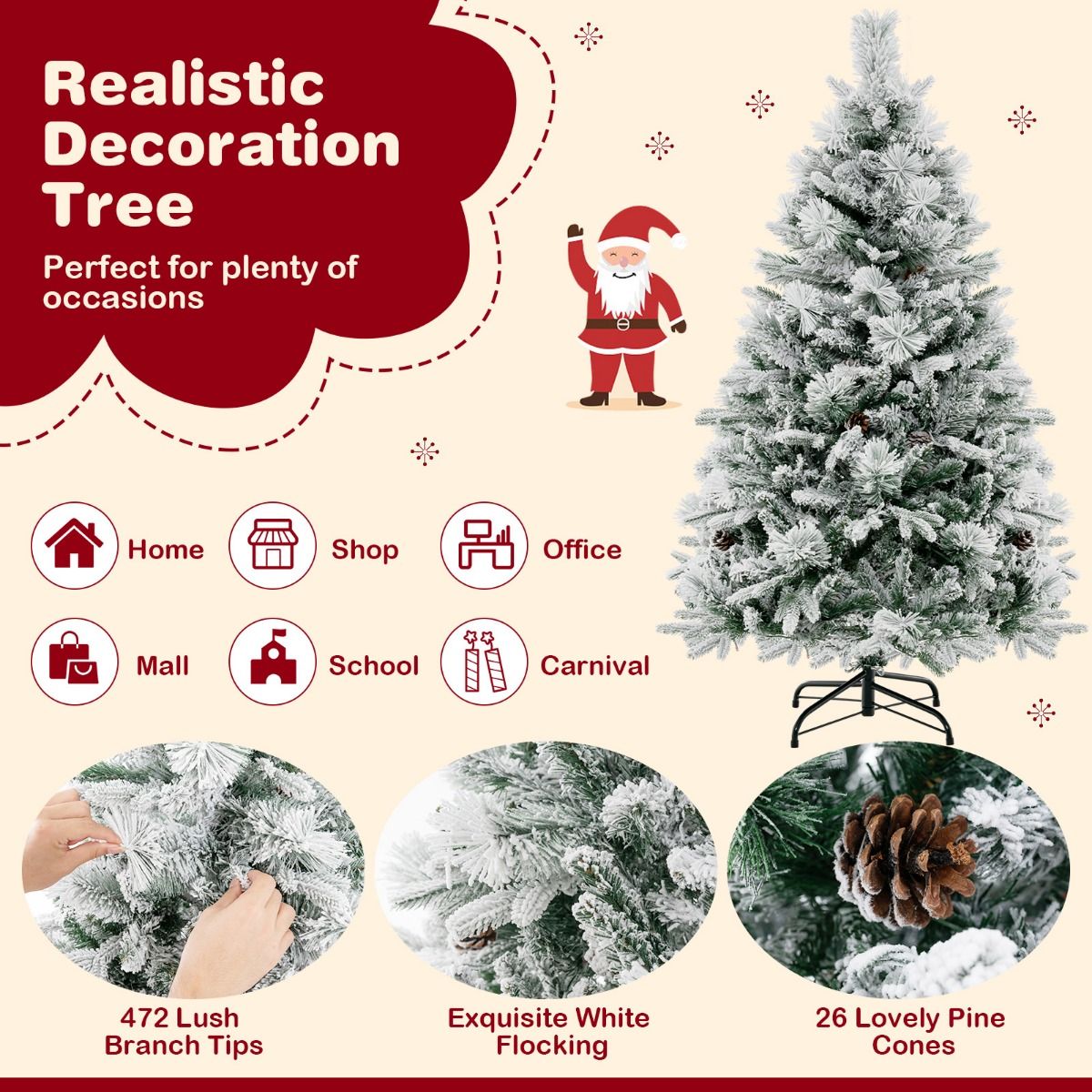 Coast Kunstkerstboom 136 cm – Besneeuwd met Kegels – 160 LED Verlichting – 472 Takken – Groen/Wit